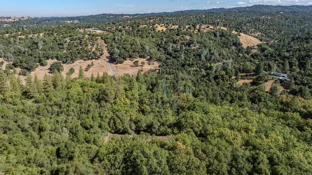 an aerial view of residential houses with outdoor space and trees