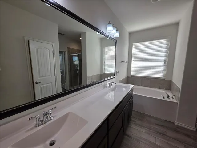 a bathroom with a tub a double vanity sink and mirror