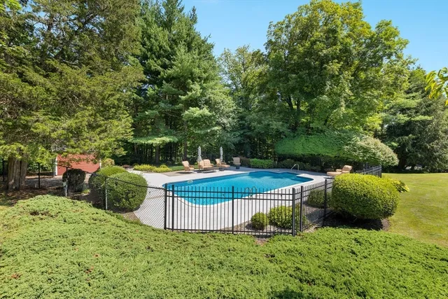 a garden view with a seating space