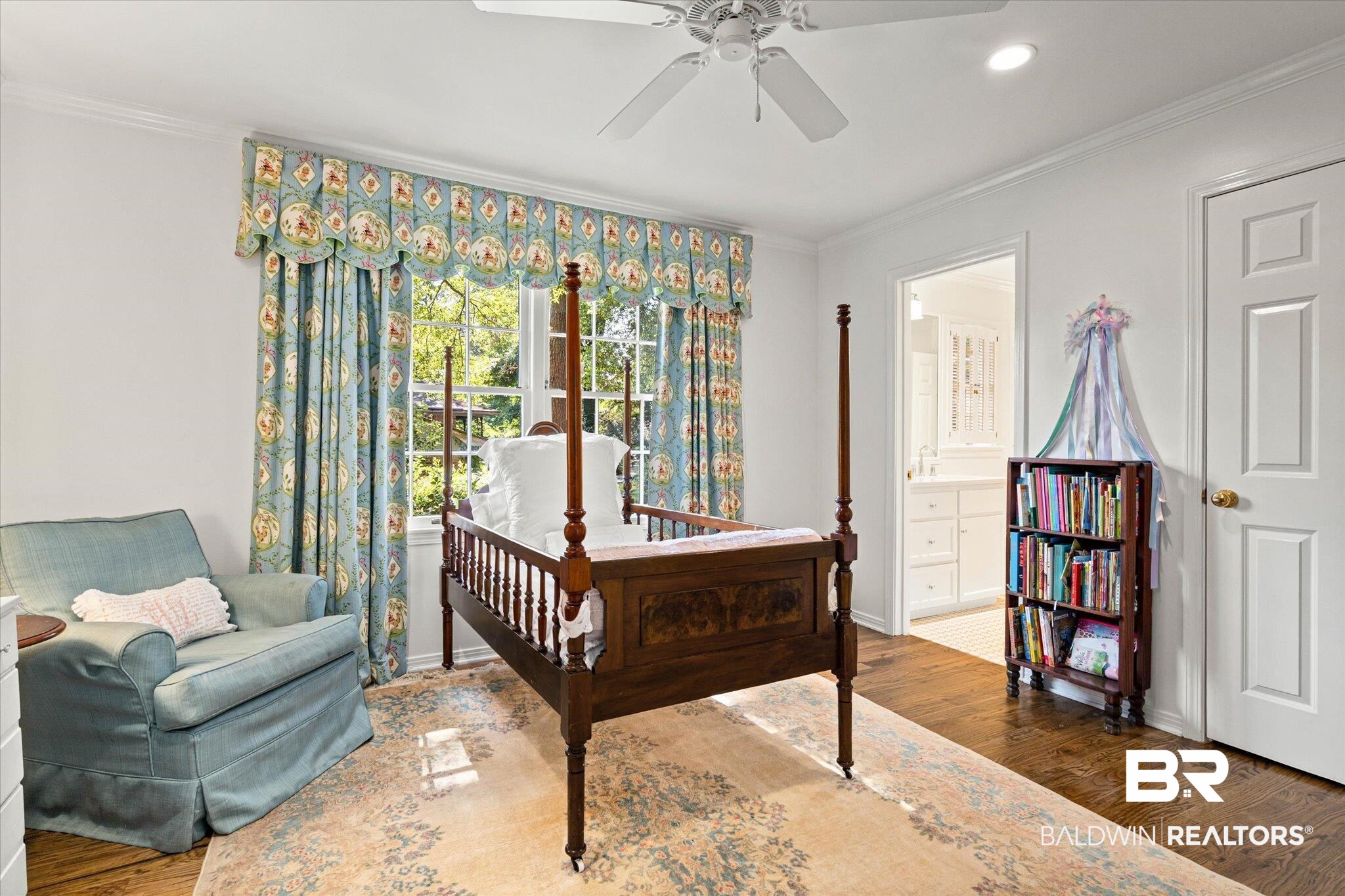 3612 Linden Lane Mobile, AL 36608 - Photo 24 of 42 Bedroom featuring crown molding, wood finished floors, ensuite bathroom, recessed lighting, and ceiling fan
