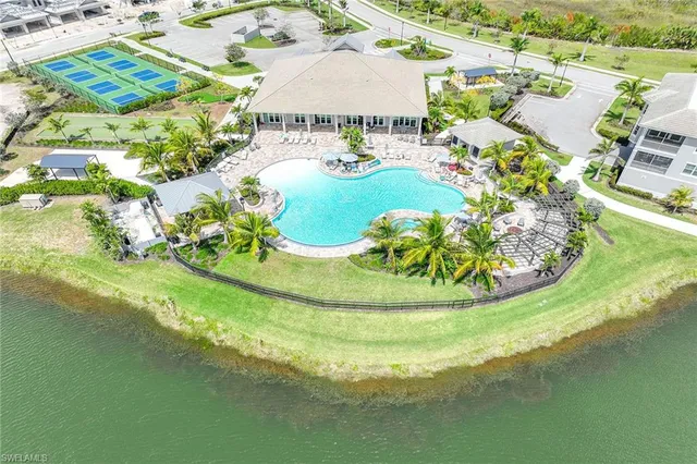 an aerial view of a swimming pool