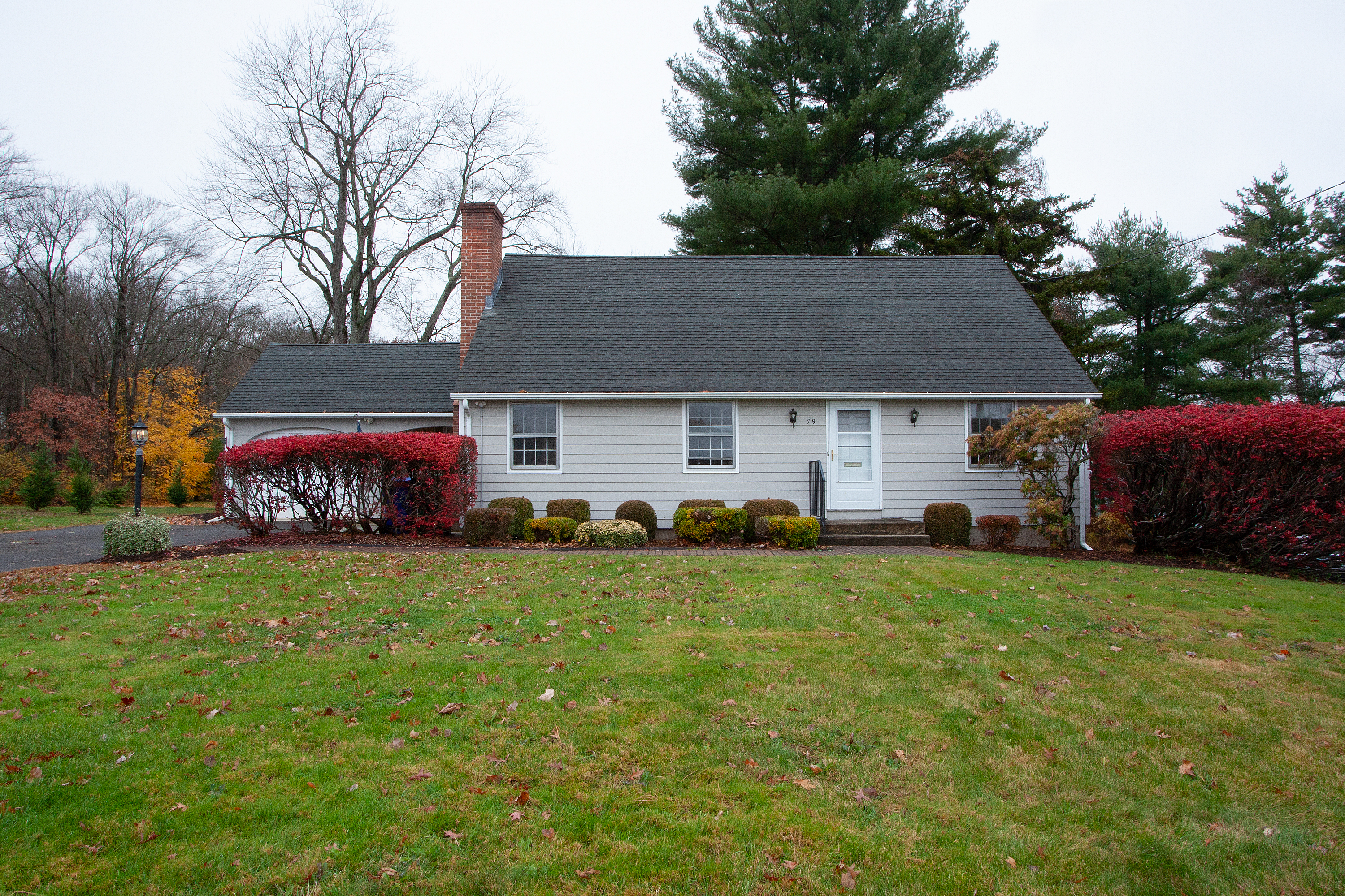 a front view of a house with a garden and trees