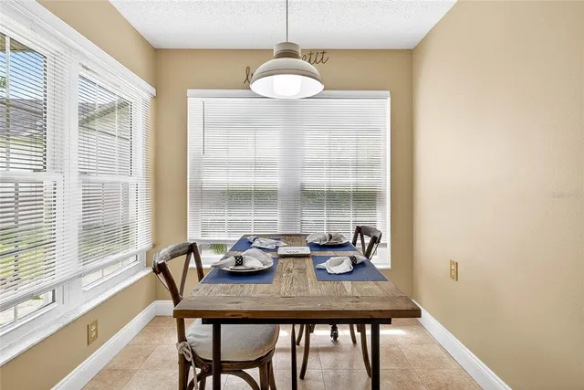 a view of a dining room with furniture window and outside view