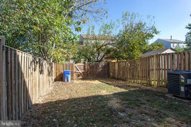 a view of backyard with wooden fence and a large tree