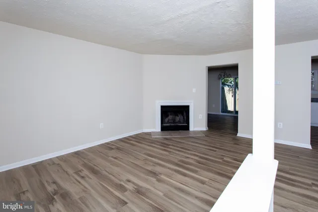 a view of empty room with wooden floor and fireplace