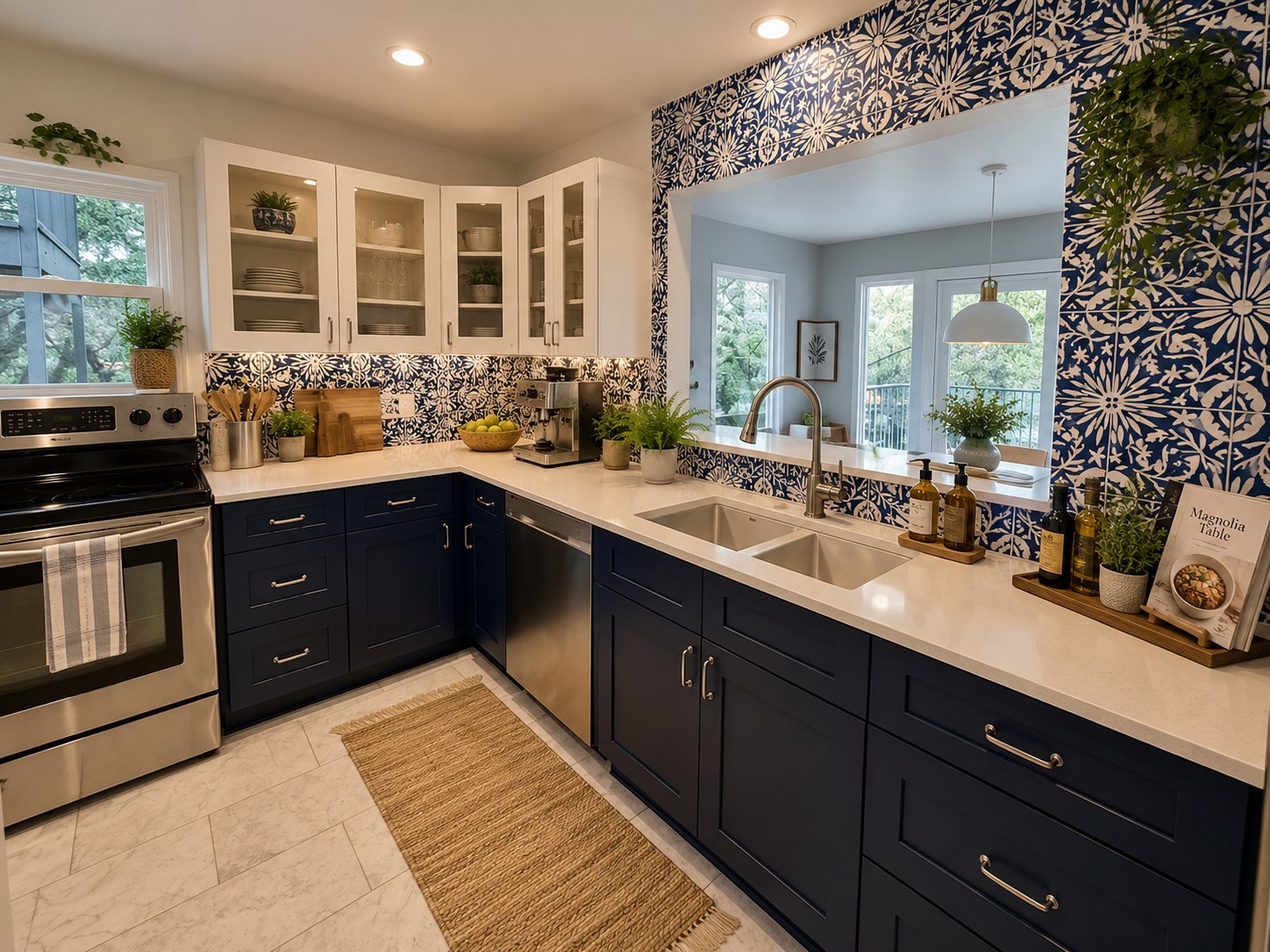 2918 Ranch Road 620 North, Unit C120 Austin, TX 78734 - Photo 9 of 34 Ai Virtual Staging: A well-appointed kitchen features a stylish tiled backsplash and a convenient pass-through to the adjacent room.