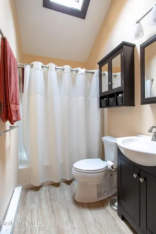 a bathroom with a sink a toilet a mirror and shower