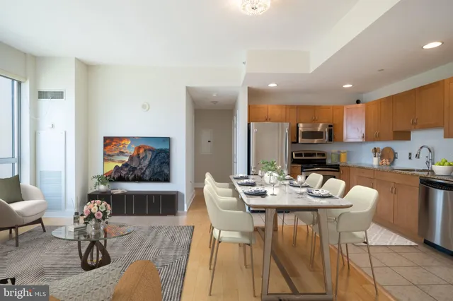 a view of a dining room with furniture