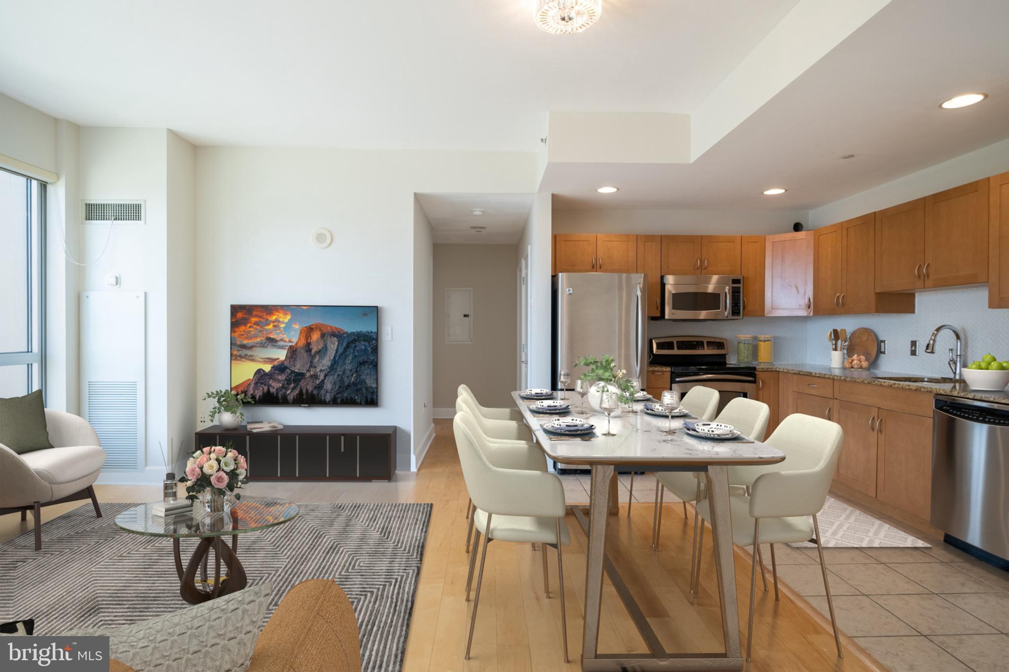a view of a dining room with furniture
