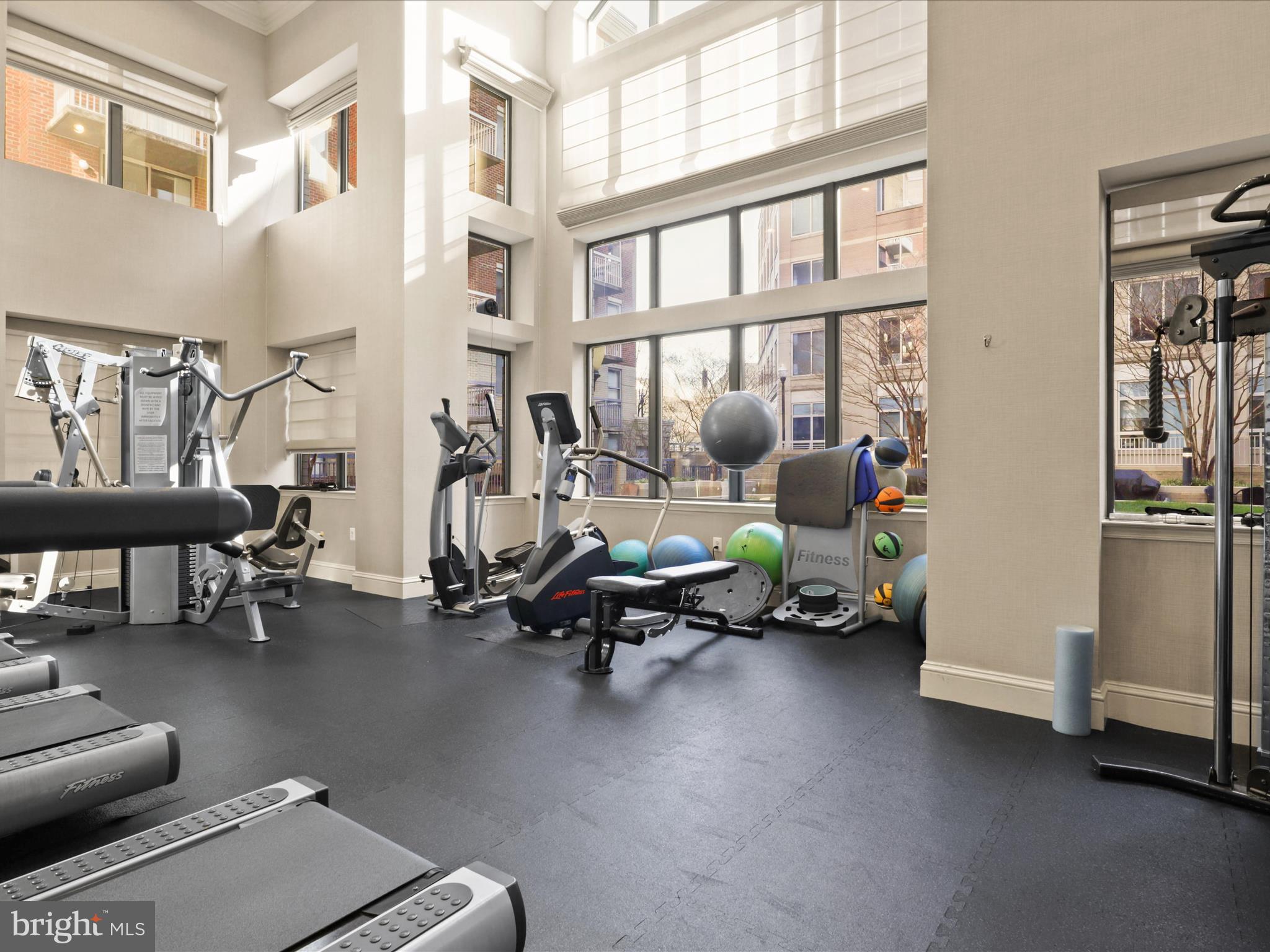 3830 9th Street North, Unit PH3E Arlington, VA 22203 - Photo 36 of 44 a living room with furniture gym equipment and a floor to ceiling window