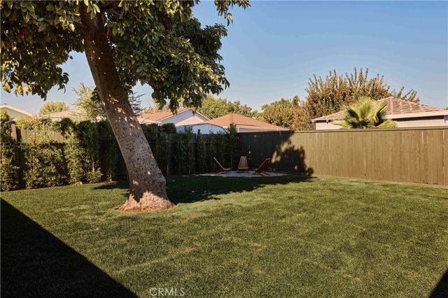 a view of a backyard with a tree