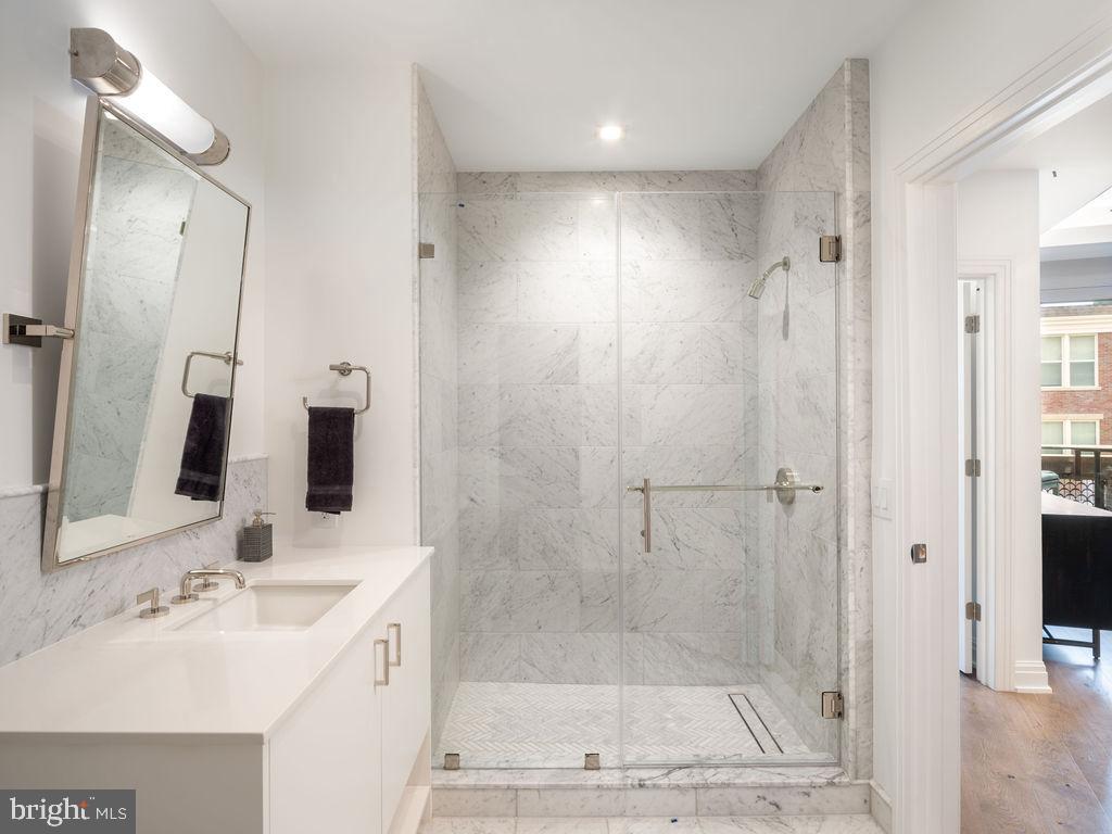 8551 Connecticut Avenue, Unit 411 Chevy Chase, MD 20815 - Photo 25 of 25 a bathroom with a sink shower and a mirror