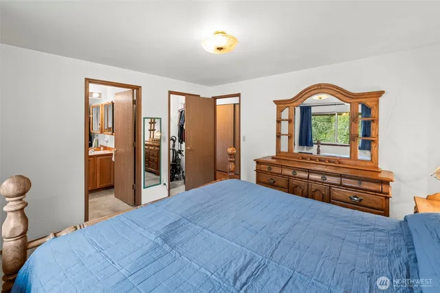 a bedroom with a bed and a table in it