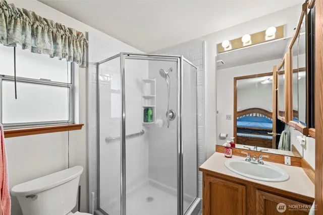 a bathroom with a shower a sink and a mirror