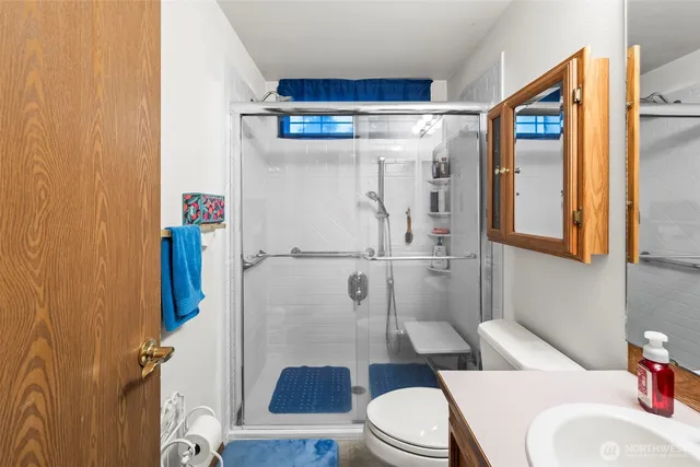 a bathroom with a sink a toilet a mirror and shower