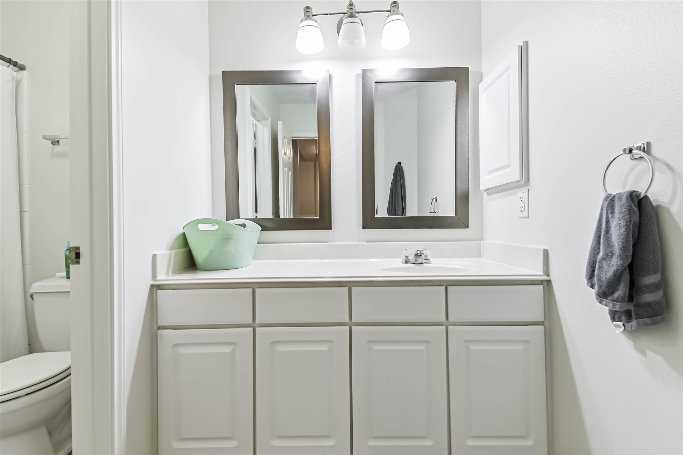 22538 Goss Spring Court Spring, TX 77373 - Photo 30 of 36 This bathroom features a clean, modern design with a white vanity and dual mirrors. It includes a standard toilet, a towel ring with a gray towel, and overhead lighting for a bright, fresh look.