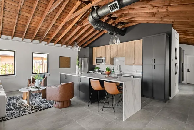 a outdoor dining space with furniture