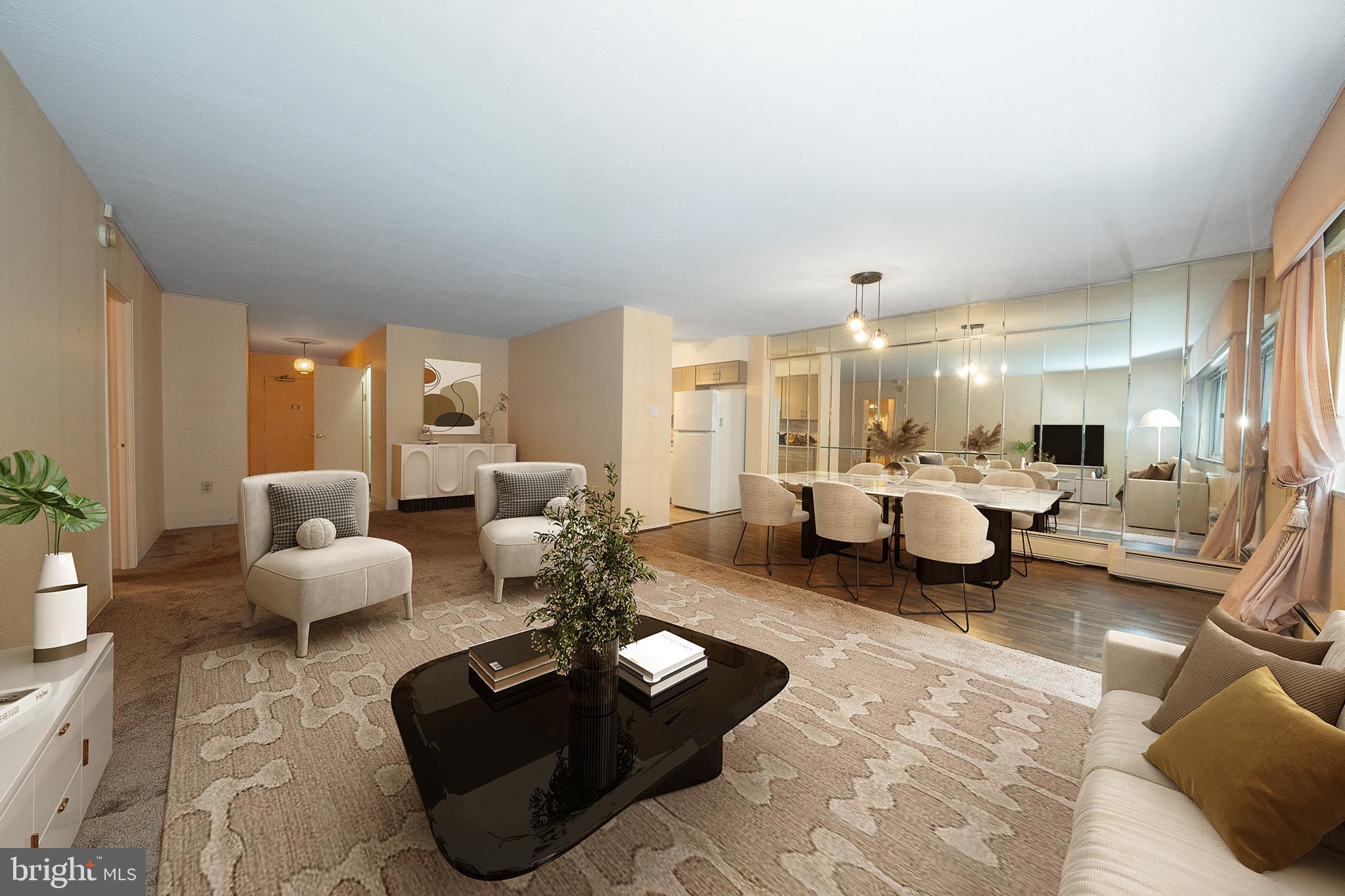 a living room with furniture and white walls