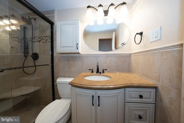 a bathroom with a sink a toilet and mirror