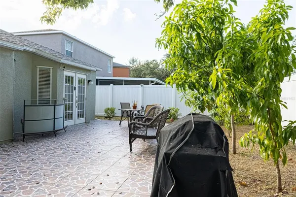 a view of backyard with outdoor seating and plants