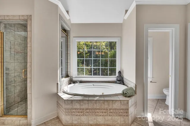 a view of a yard in front of a house with plants and large trees