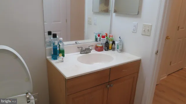 a bathroom with a sink vanity and a mirror