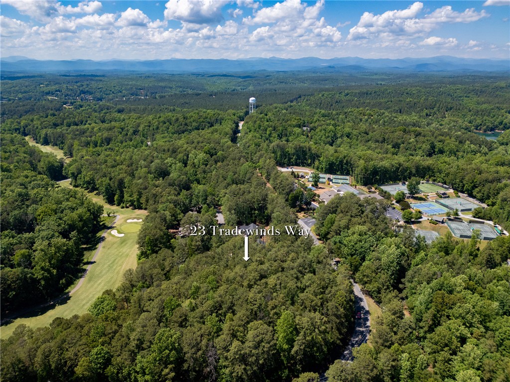 23 Tradewinds Way Salem, SC 29676 - Photo 6 of 31 An aerial perspective showcases a lush, wooded landscape with a prominent golf course, tennis courts, and distant mountains.