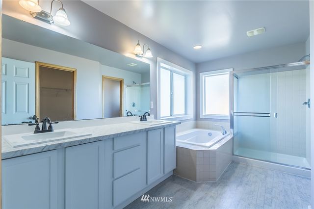 a bathroom with a double vanity sink mirror and bathtub