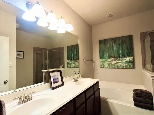 a bathroom with a tub sink and mirror