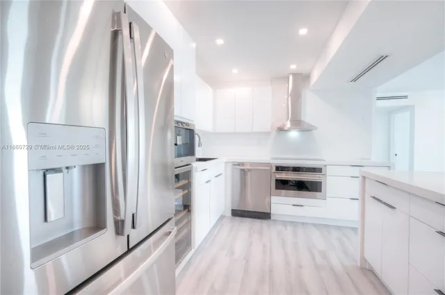 a kitchen with white cabinets and white appliances