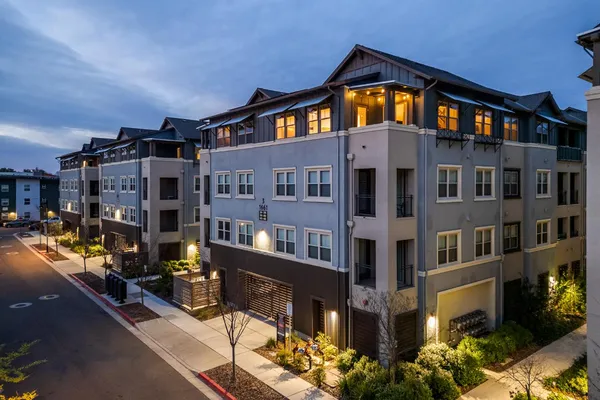 a backyard of a building with garden and plants