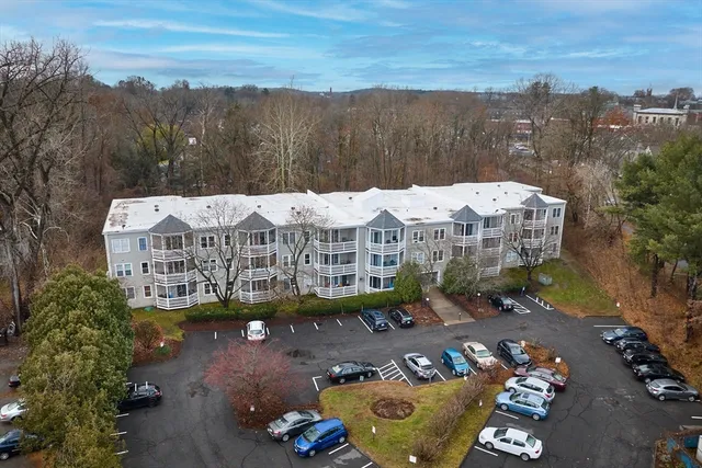 a view of a large building with a mountain in the background