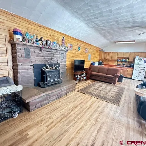 a living room with furniture wooden floor and a fireplace