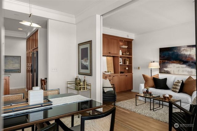 a view of a dining room with furniture