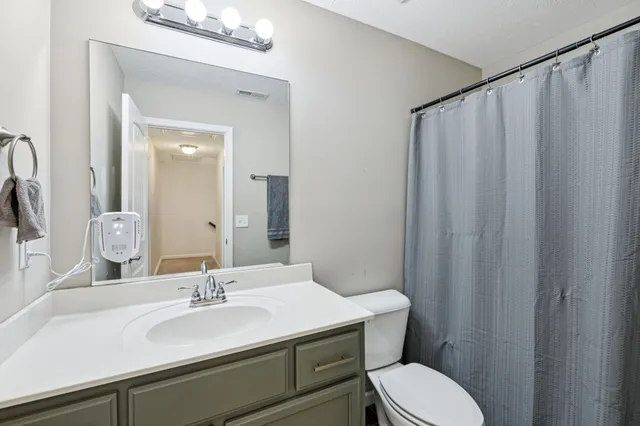 a bathroom with a sink a toilet a mirror and shower curtain