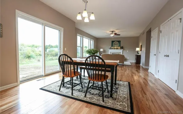a view of a dining room with furniture window and wooden floor