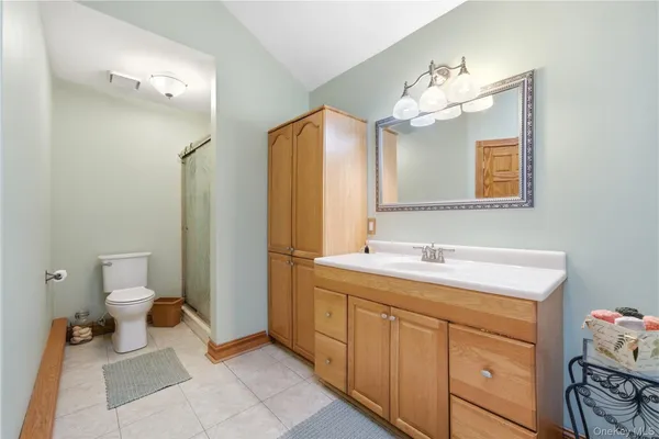 a bathroom with a sink mirror and a toilet
