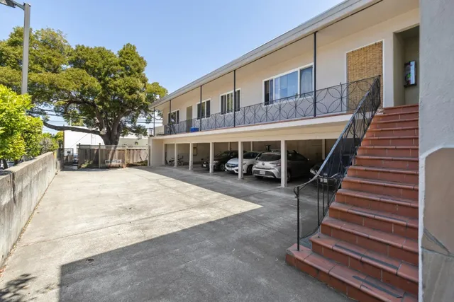 a view of a building with wooden stairs