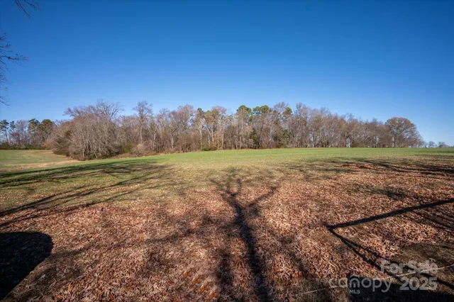 a view of a field with trees in the background