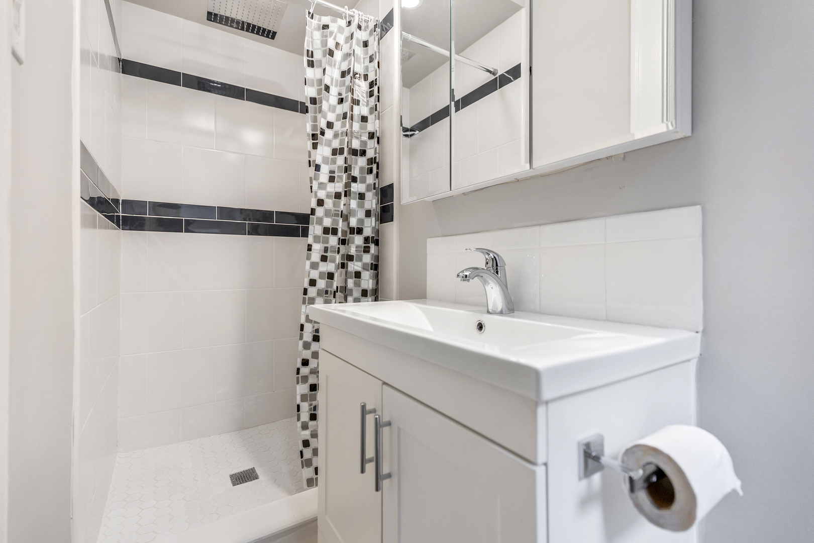 1032 North Austin Boulevard, Unit 1N Oak Park, IL 60302 - Photo 7 of 16 a bathroom with a sink a vanity and shower