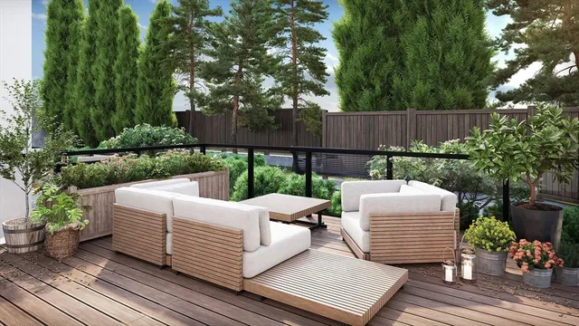 a view of a patio with furniture