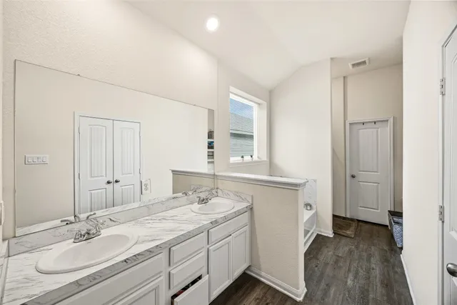 a bathroom with a granite countertop sink and a mirror