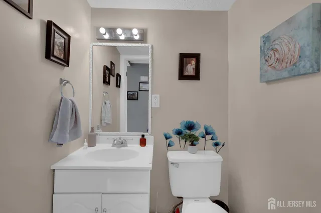 a bathroom with a sink toilet and mirror