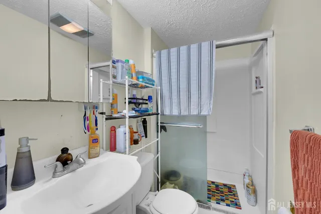 a bathroom with a sink toilet vanity and shower