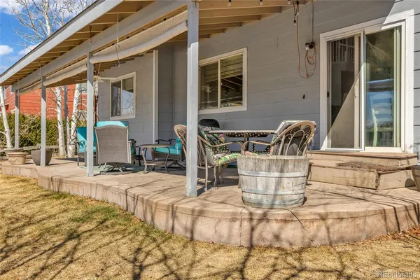 a building outdoor space with patio furniture
