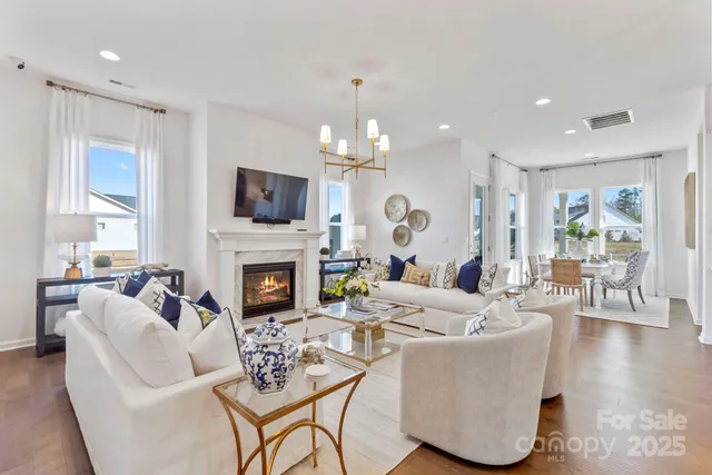a living room with a fireplace and a potted plant