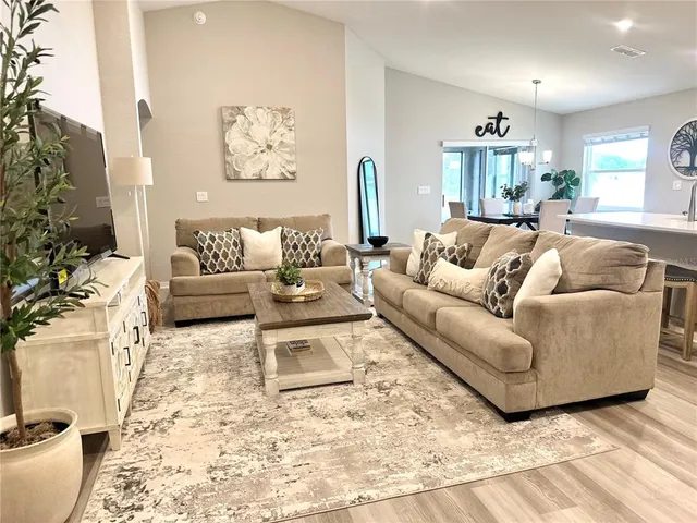 a living room with furniture and a rug