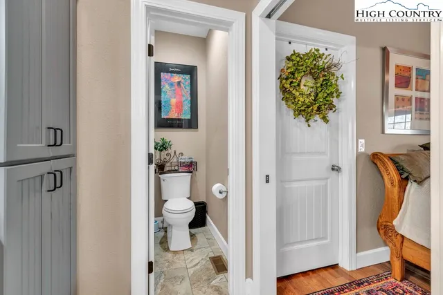 a view of a hallway with wooden floor and a potted plant