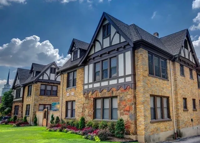 a view of a big building with many windows