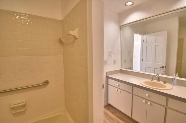 a bathroom with a sink and a mirror